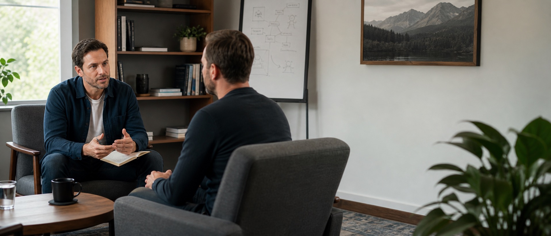 Man in a focused one-on-one counselling session with a male therapist